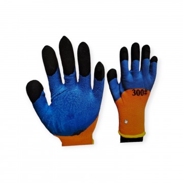 Перчатки утепленные акриловые со вспененным латексным покрытием, оранжево-синие 3/4 двойной облив